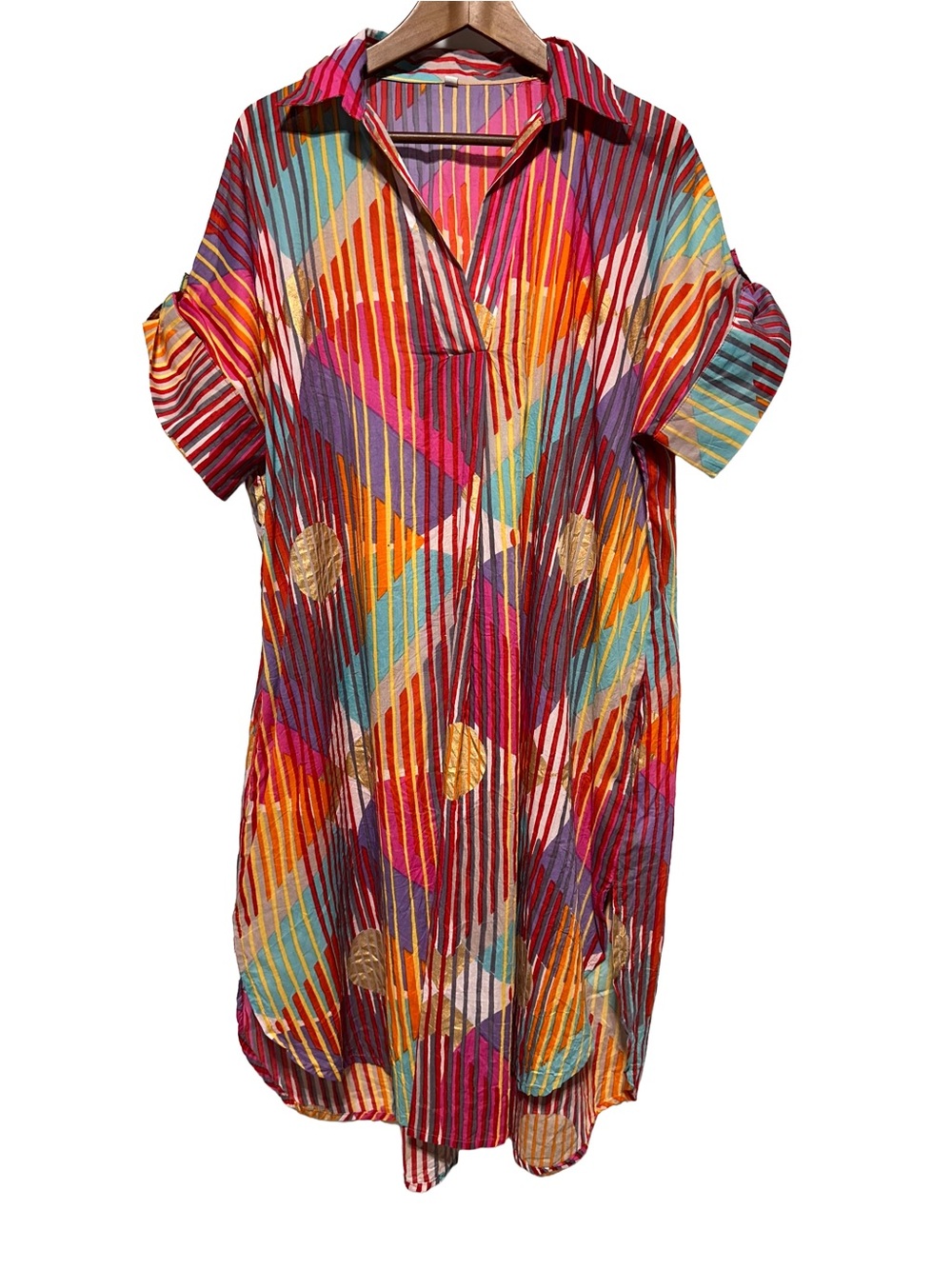 Colorful Abstract Print Cotton Tunic Dress Free Size Boho Art Teacher